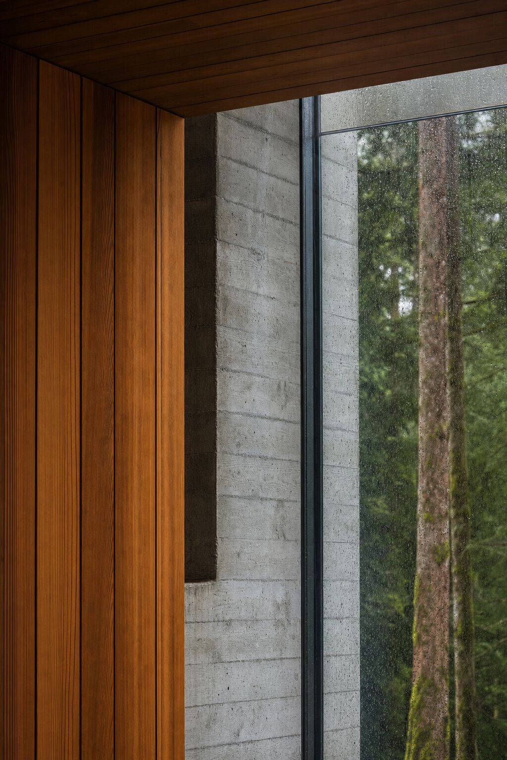 Architectural detail of cedar, concrete, and glass junction