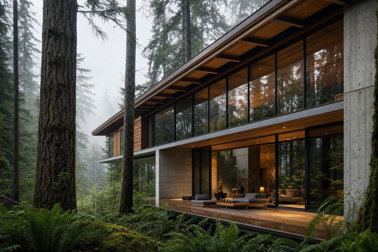 Modern wood, glass, and concrete building emerging from Pacific Northwest old-growth forest
