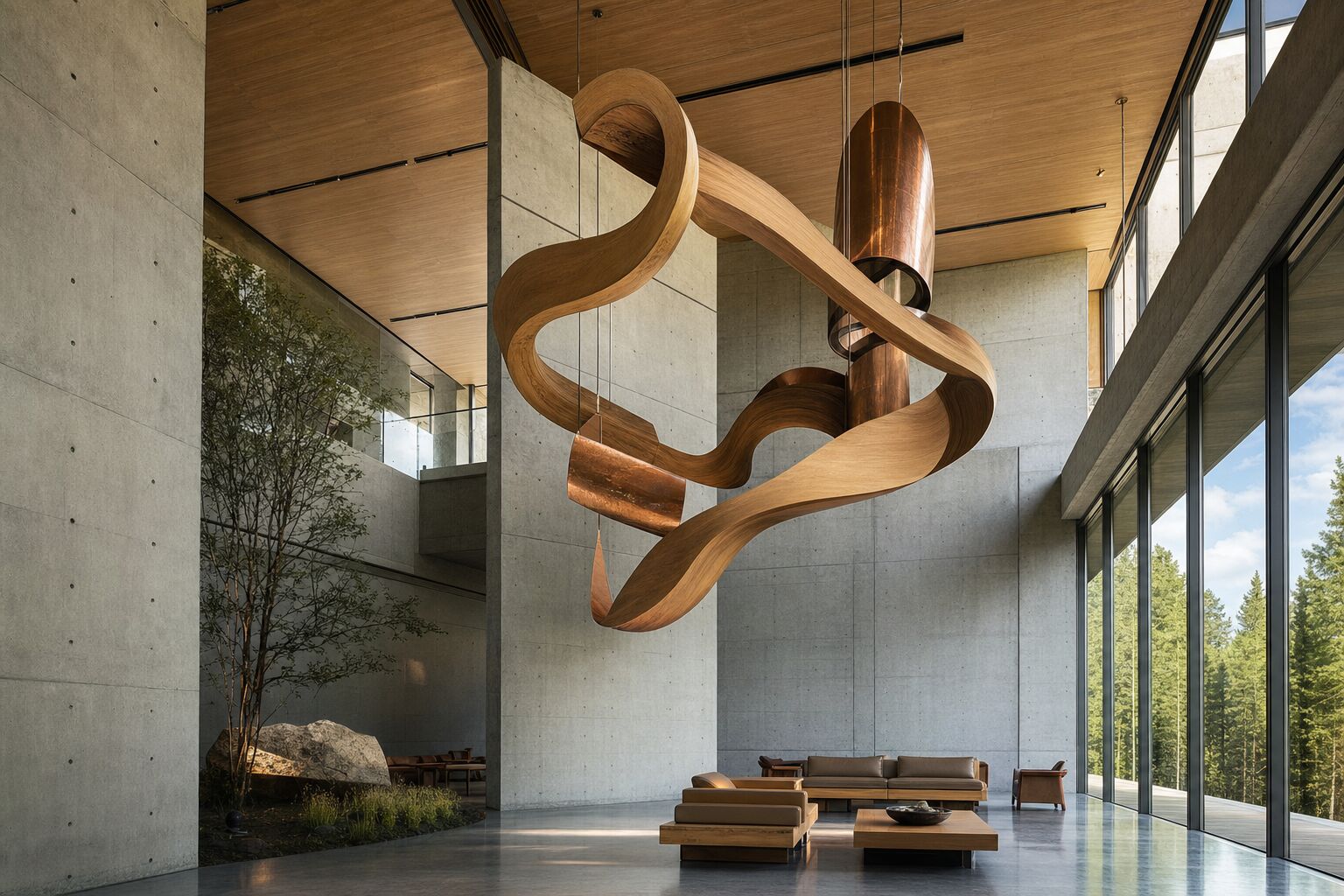 Interior atrium with contemporary art installation in concrete and wood space