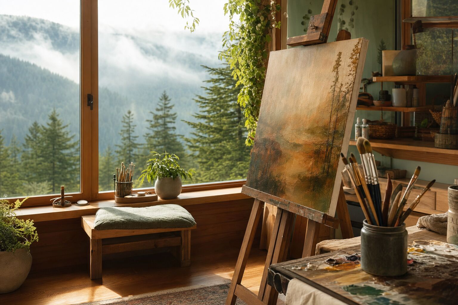 Hands working with clay on a pottery wheel in a sunlit studio overlooking a forested valley