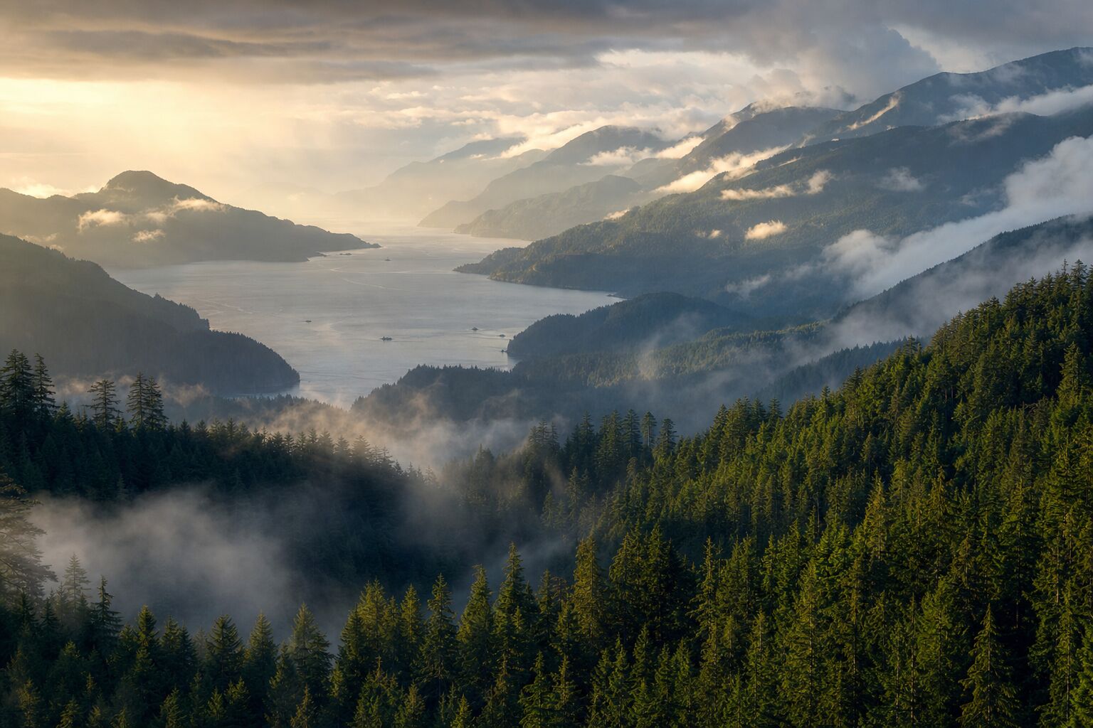 Misty Alberni Valley landscape with mountains and ocean inlet at golden hour