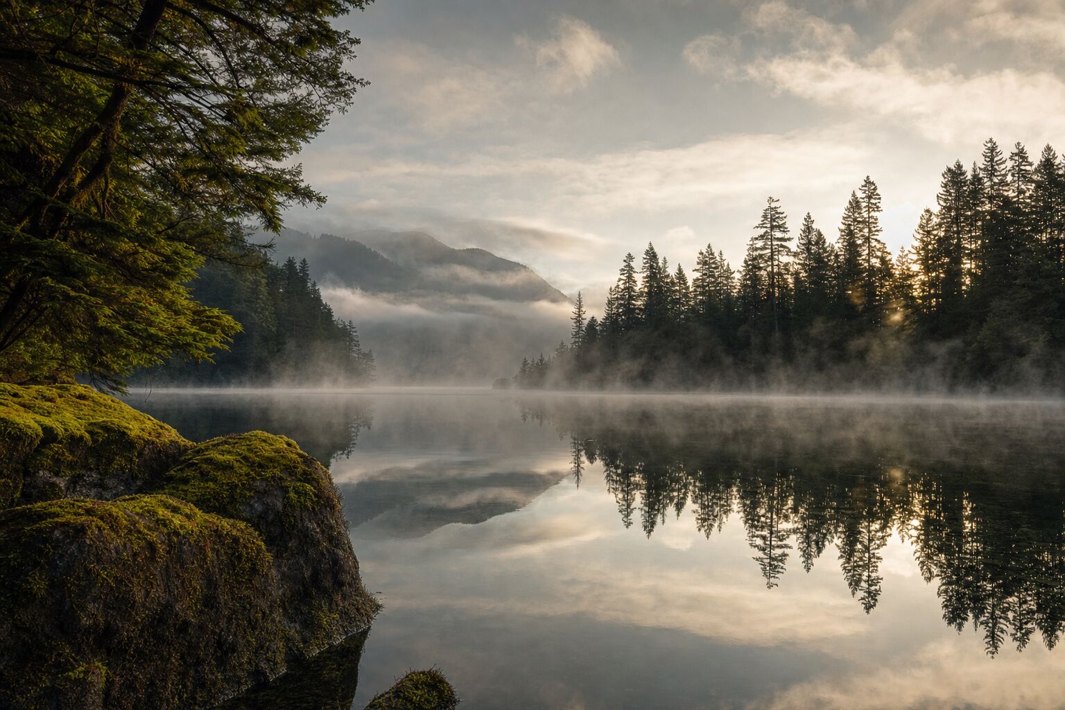 Tranquil lakeshore at dawn in Pacific Northwest temperate rainforest